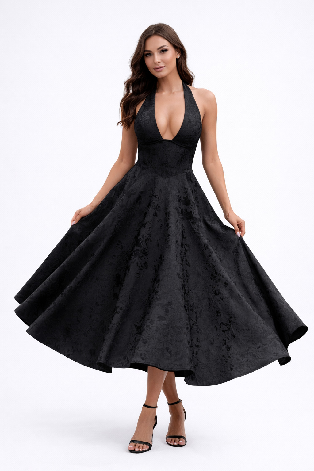 halter neck fit-and-flare midi dress – NOCTURNA