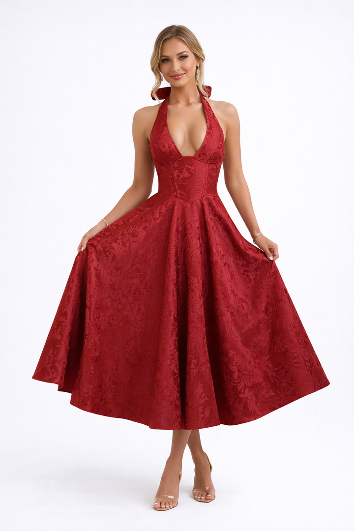halter neck fit-and-flare midi dress – NOCTURNA