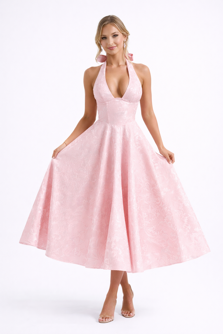 halter neck fit-and-flare midi dress – NOCTURNA