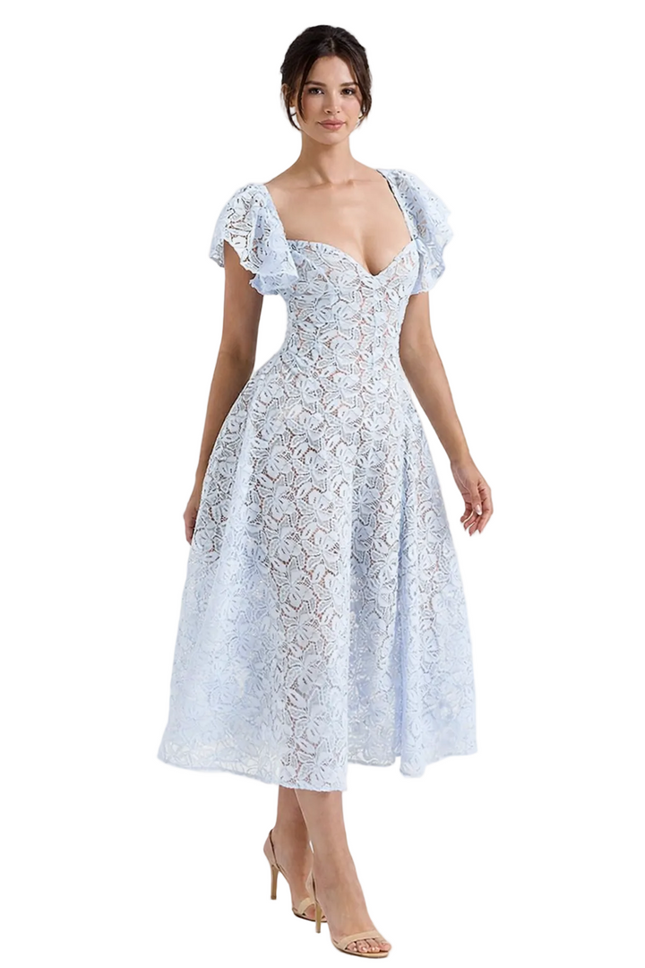 lace fit-and-flare midi dress with flutter sleeves – CELESTIA
