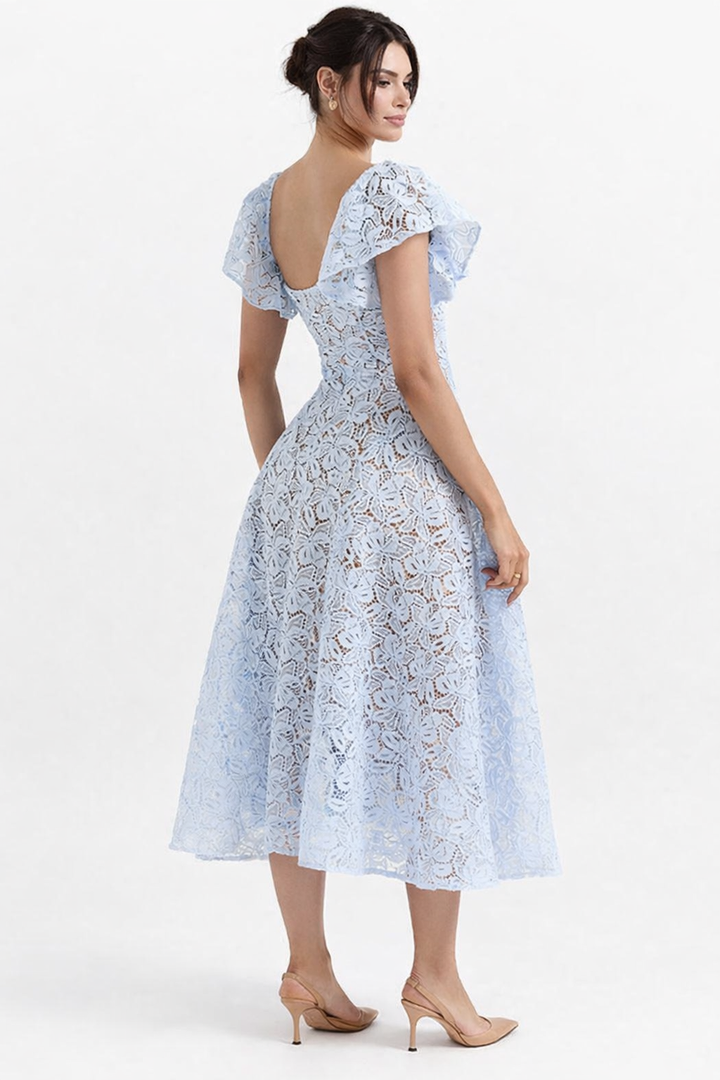 lace fit-and-flare midi dress with flutter sleeves – CELESTIA