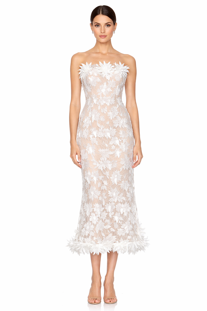strapless floral appliqué midi dress – FLORÉA