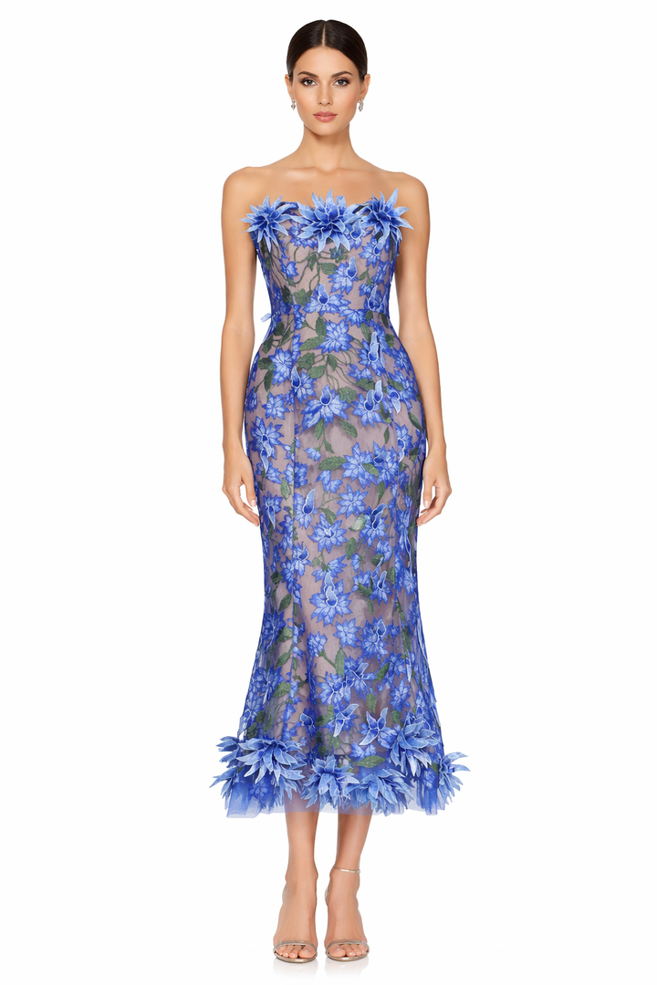 strapless floral appliqué midi dress – FLORÉA