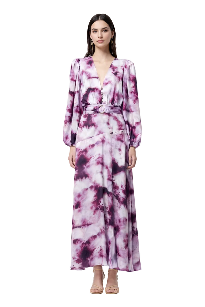 long-sleeve tie-dye wrap maxi dress with belt – AMARA