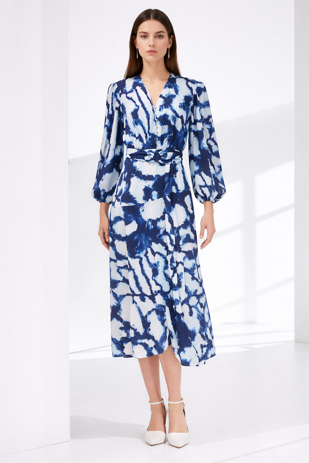 long-sleeve tie-dye wrap maxi dress with belt – AMARA