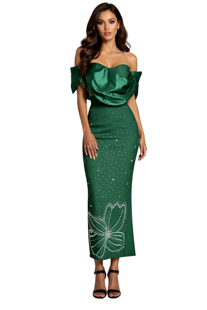 off-shoulder embellished midi dress with sculpted ruffle bodice – SCARLET