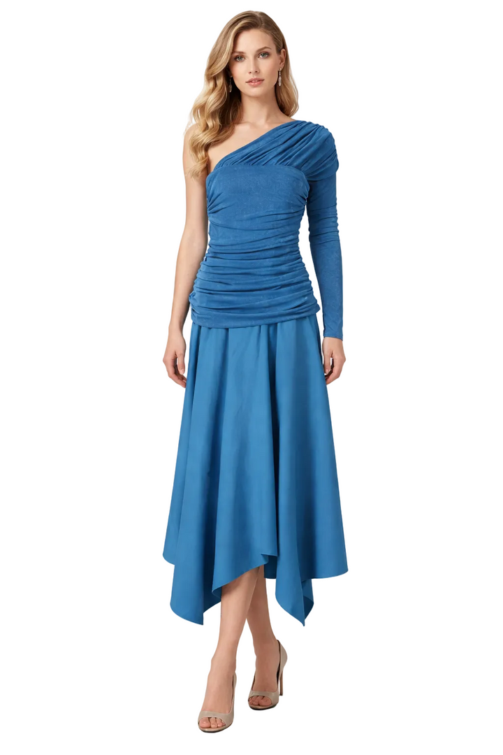 one-shoulder ruched midi dress with asymmetrical hem – AZURE