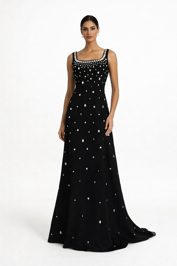 sleeveless A-line evening dress with crystal embellishments – SERENA