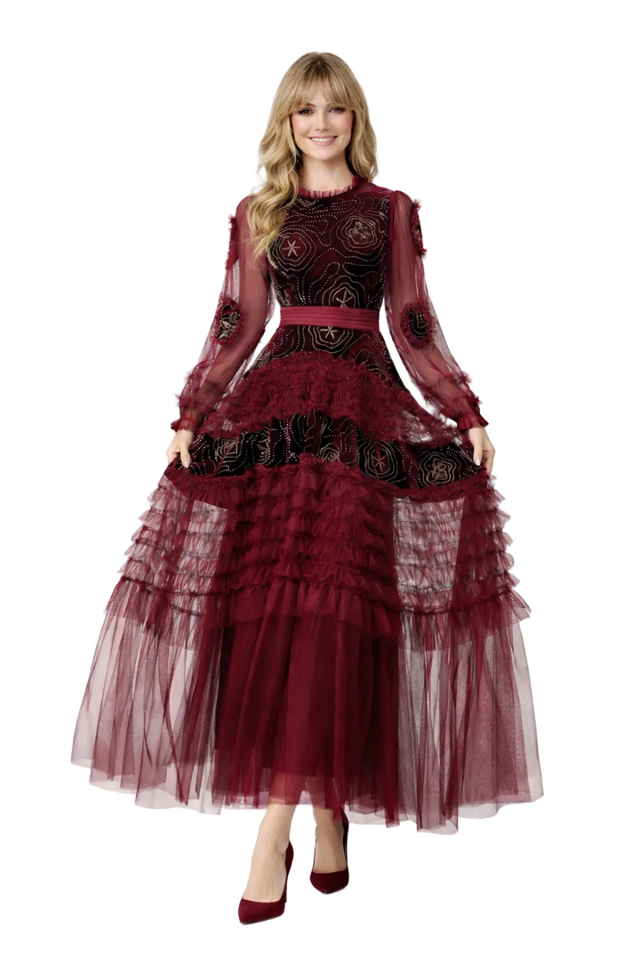 embroidered long-sleeve tulle gown with layered ruffle skirt – RUBY