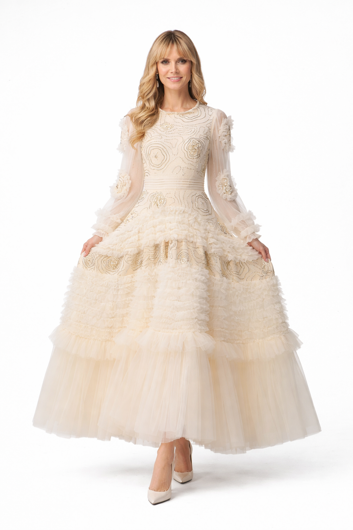 embroidered long-sleeve tulle gown with layered ruffle skirt – RUBY