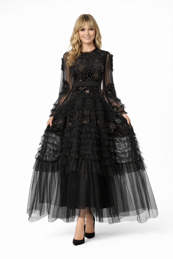 embroidered long-sleeve tulle gown with layered ruffle skirt – RUBY