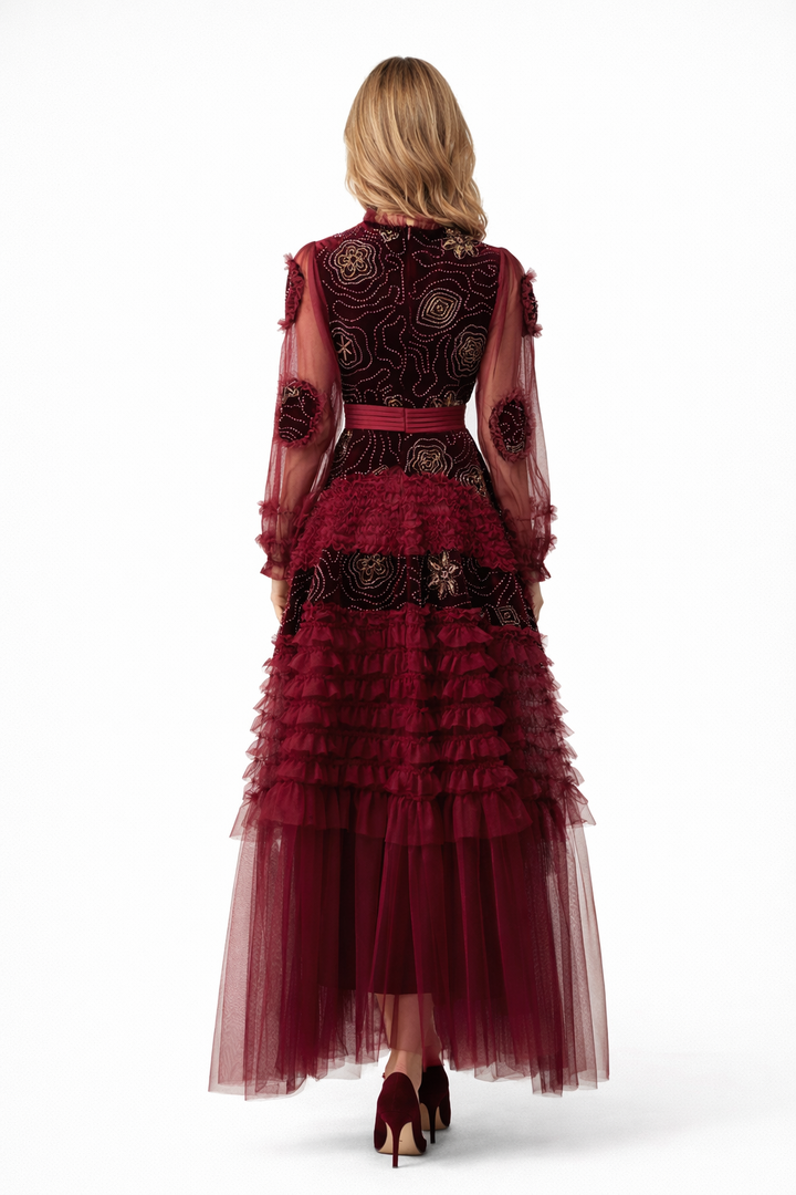 embroidered long-sleeve tulle gown with layered ruffle skirt – RUBY