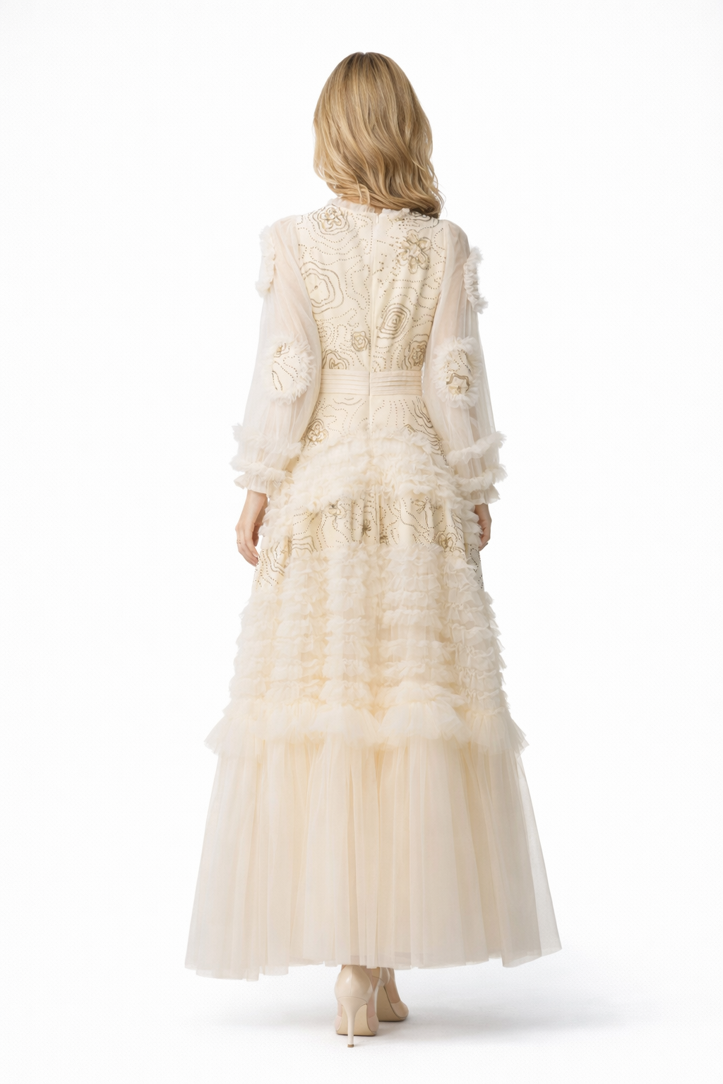 embroidered long-sleeve tulle gown with layered ruffle skirt – RUBY