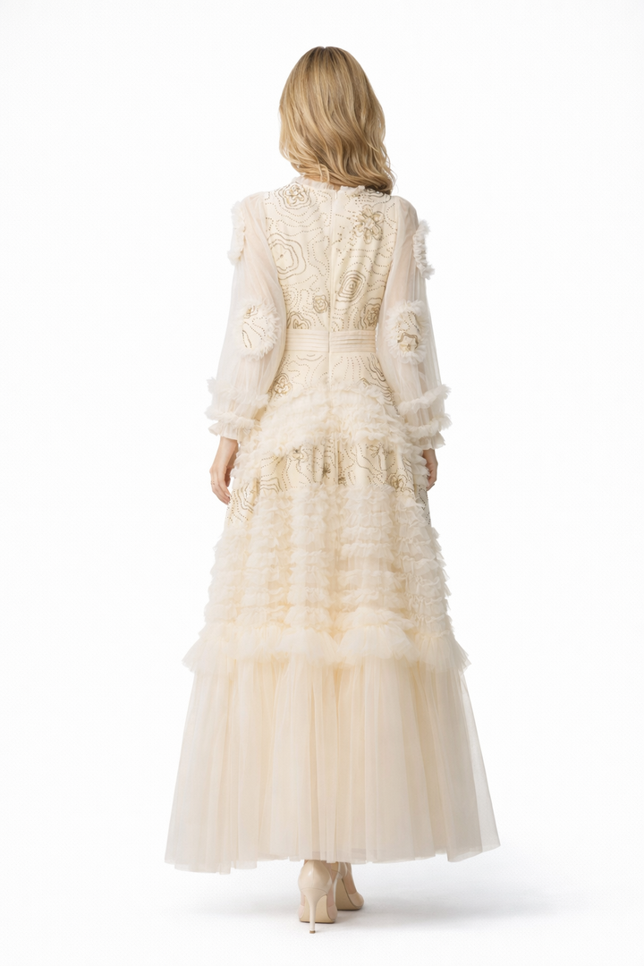 embroidered long-sleeve tulle gown with layered ruffle skirt – RUBY