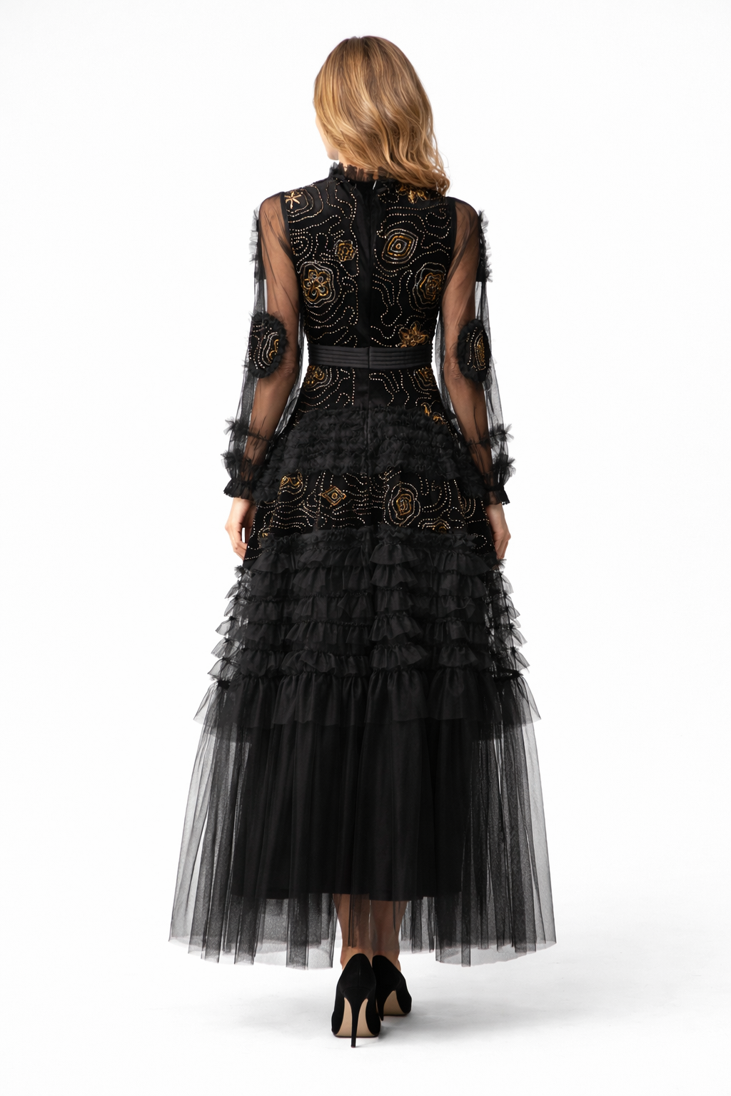 embroidered long-sleeve tulle gown with layered ruffle skirt – RUBY