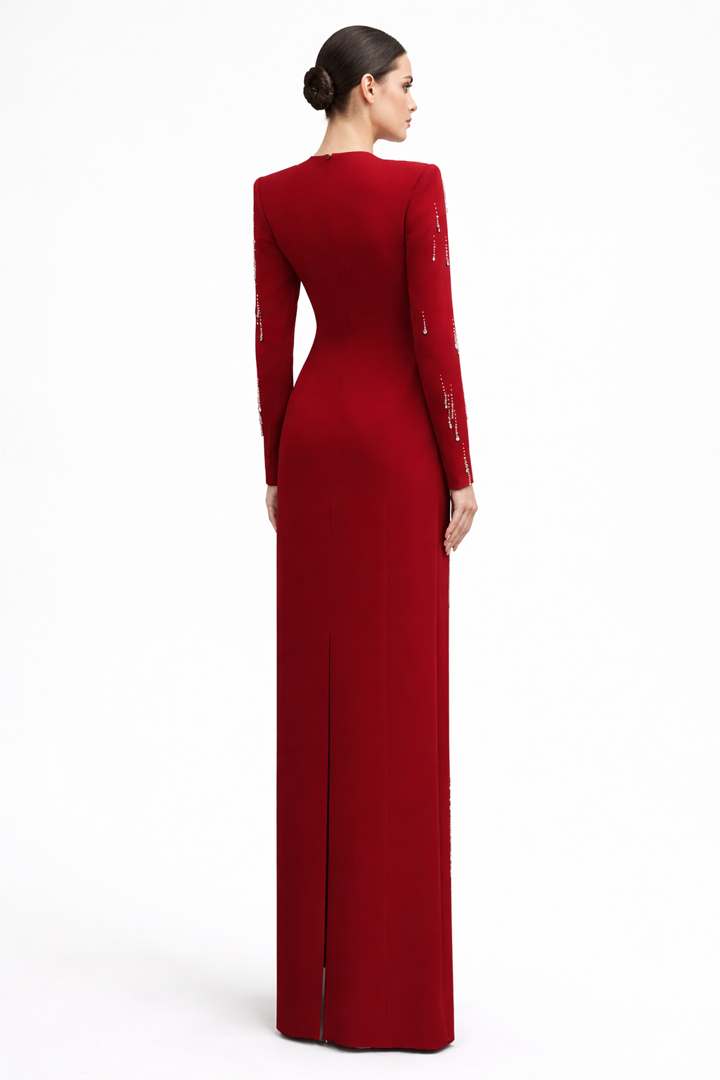 Long-Sleeve Embellished Column Evening Dress – CRIMSON