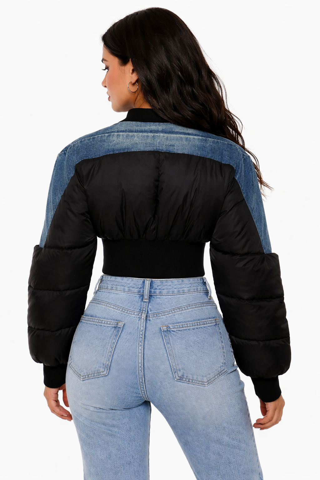 cropped puffer jacket with denim panel detailing – NOVA
