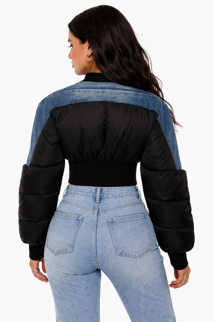 cropped puffer jacket with denim panel detailing – NOVA