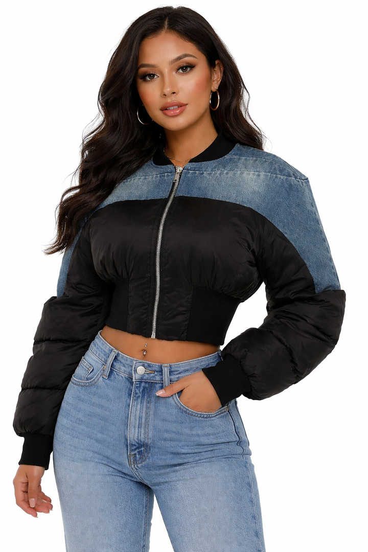 cropped puffer jacket with denim panel detailing – NOVA