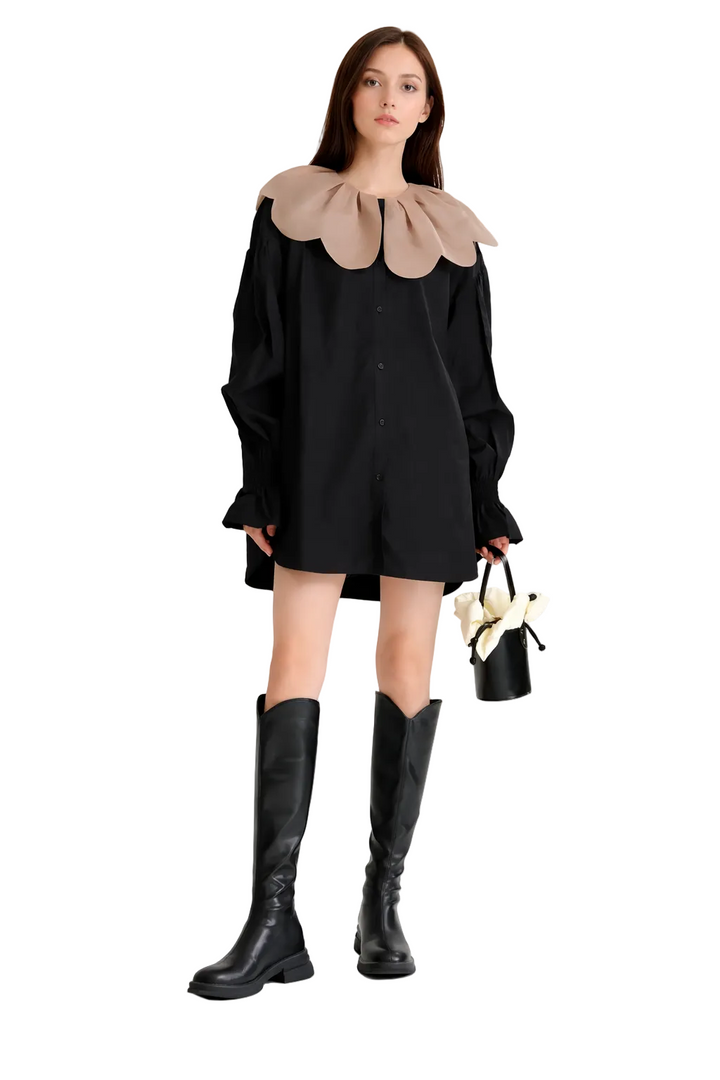 long-sleeve mini shirt dress with sculpted collar – ESMÉE