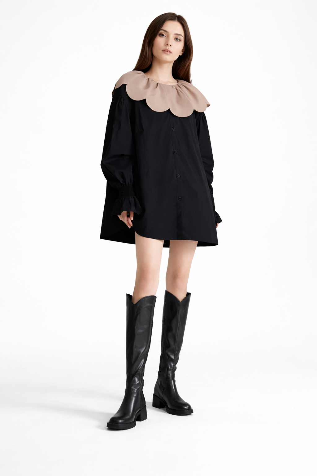 long-sleeve mini shirt dress with sculpted collar – ESMÉE