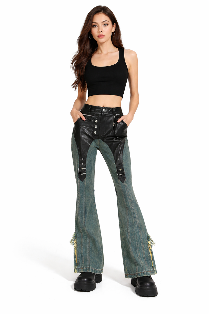 high-waist flared denim pants with leather contrast & utility pocket – RAVEN