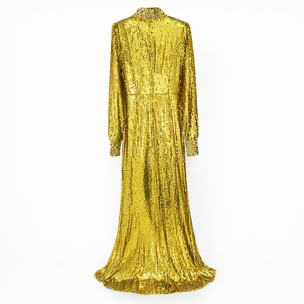 high-neck long-sleeve sequin column gown with fringe texture – GOLDEN