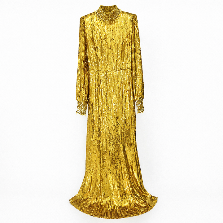 high-neck long-sleeve sequin column gown with fringe texture – GOLDEN