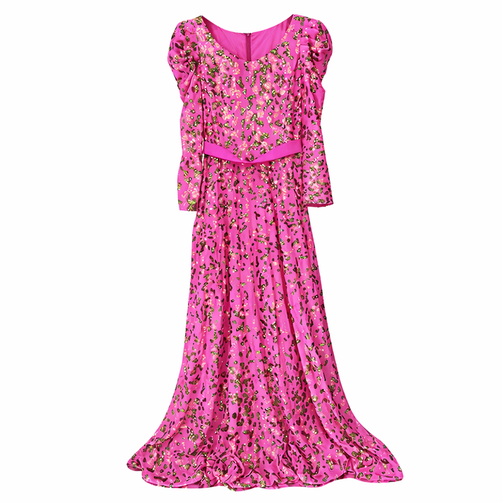 long-sleeve printed maxi gown with waist belt detail – FLORA