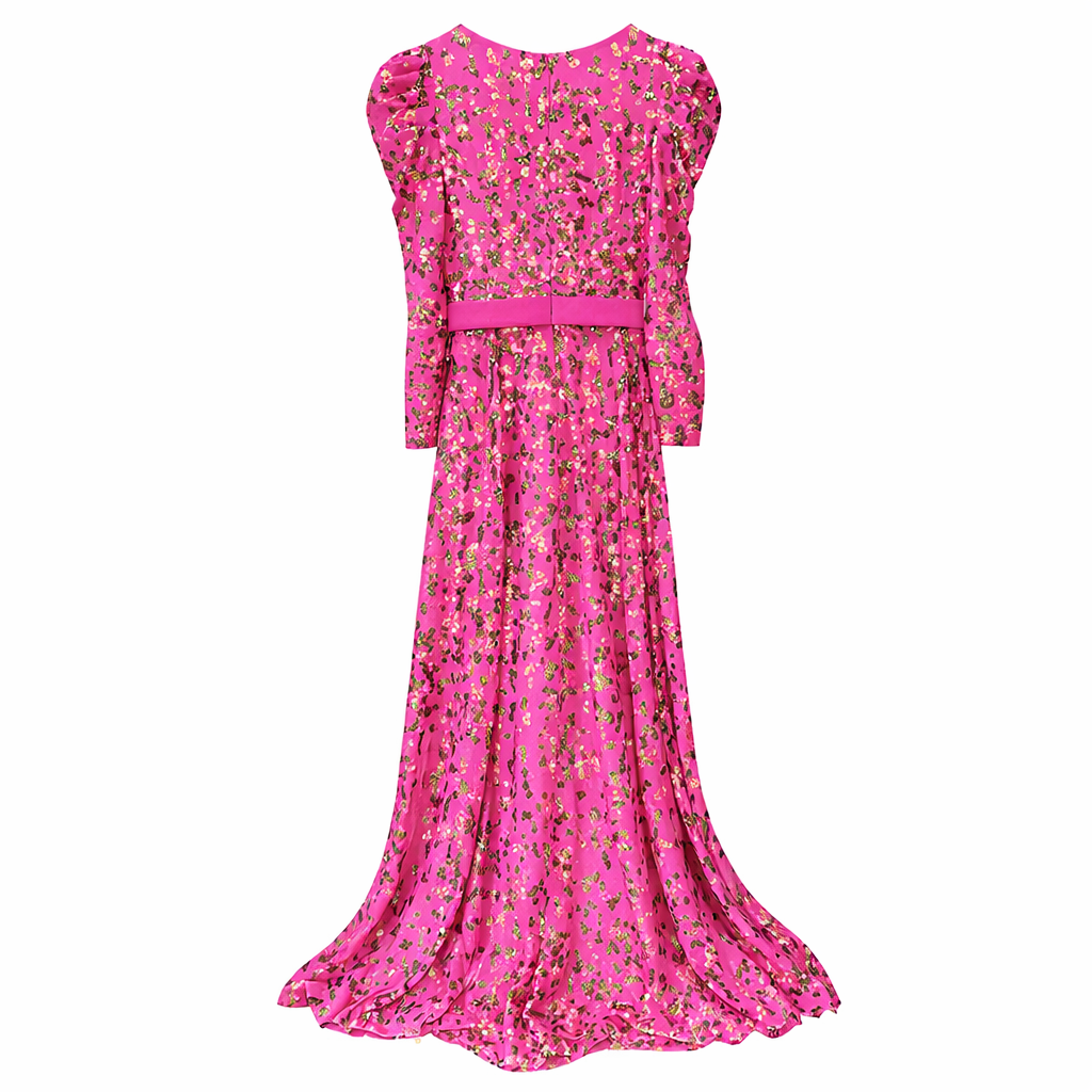 long-sleeve printed maxi gown with waist belt detail – FLORA