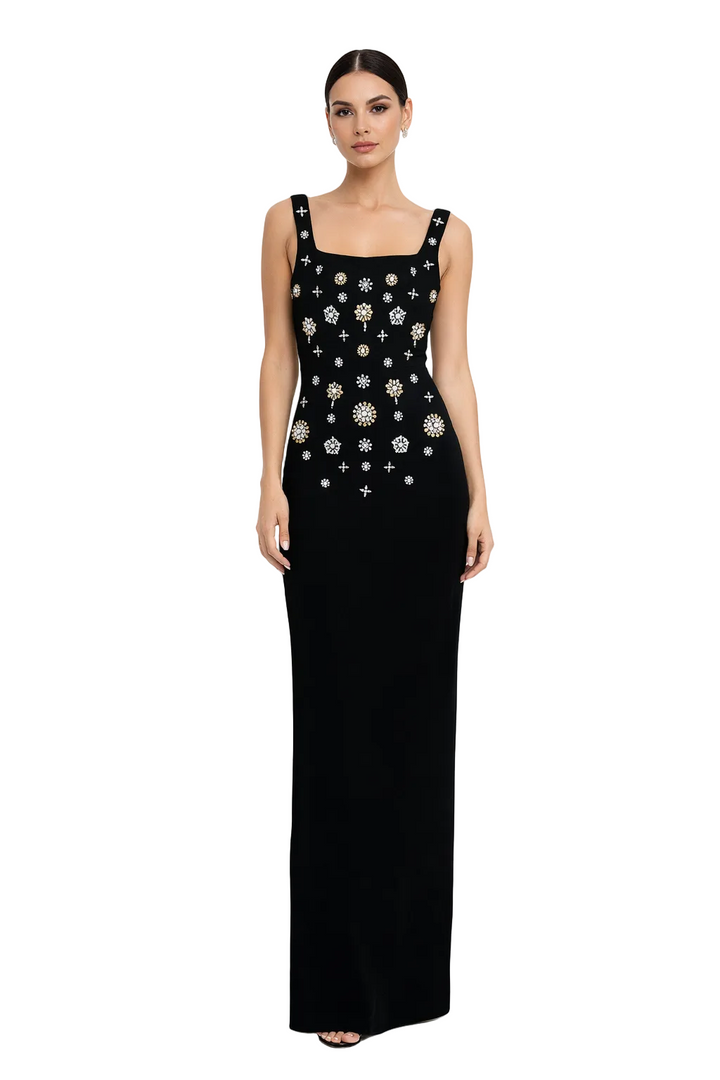 embellished sleeveless column evening dress with crystal details – CELESTE