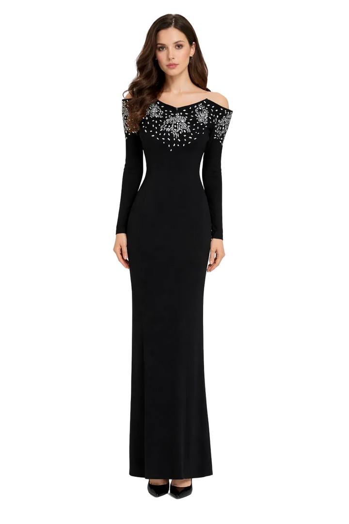 embellished cold-shoulder evening gown with beaded neckline – LYRA