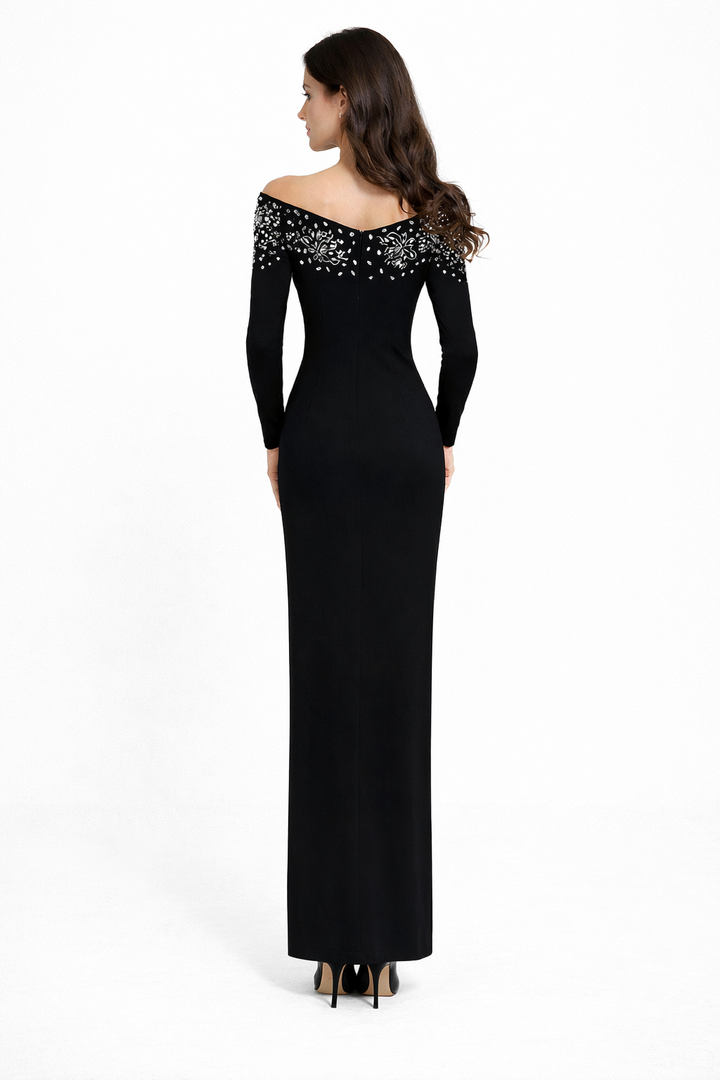 embellished cold-shoulder evening gown with beaded neckline – LYRA