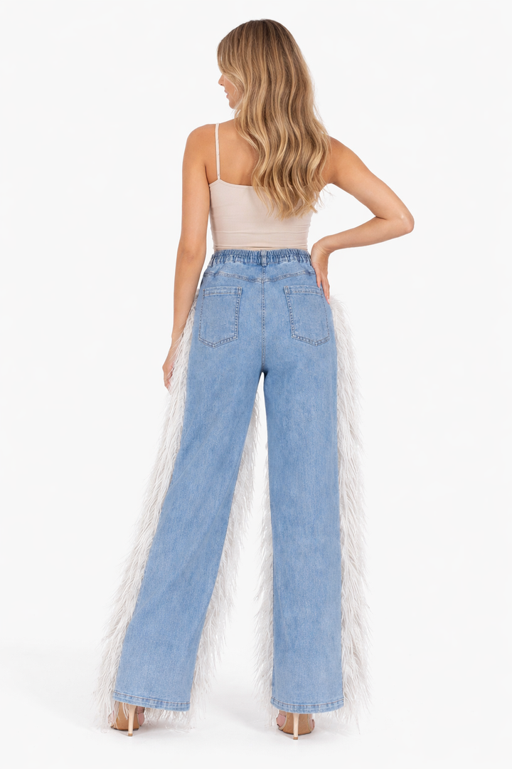 feather-embellished wide-leg denim pants – FLARE