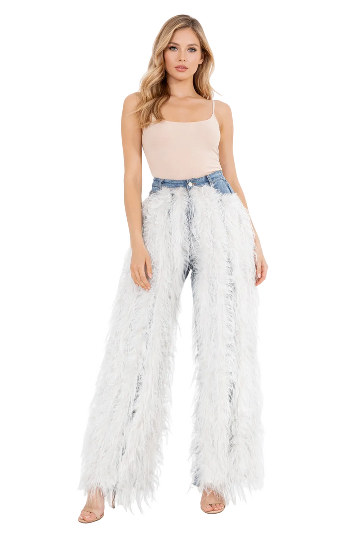 feather-embellished wide-leg denim pants – FLARE