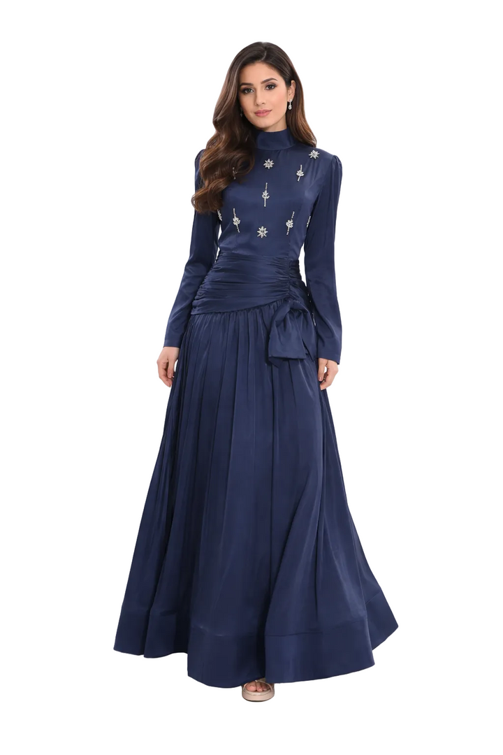 High-neck embellished satin maxi dress with draped waist – LYRA