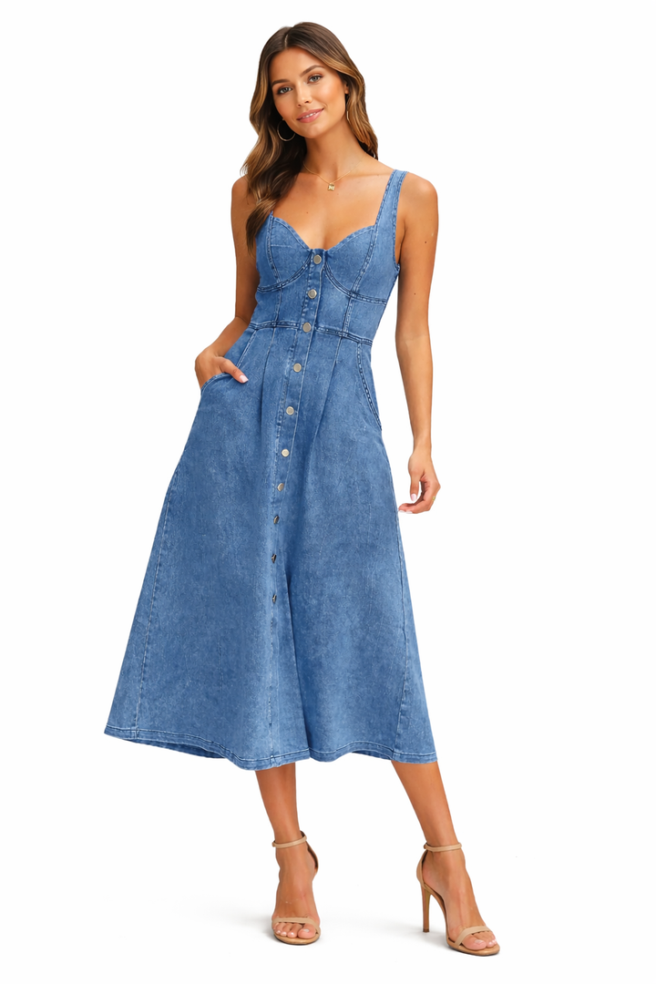 Button-front denim midi dress with fitted bodice – INDIGO