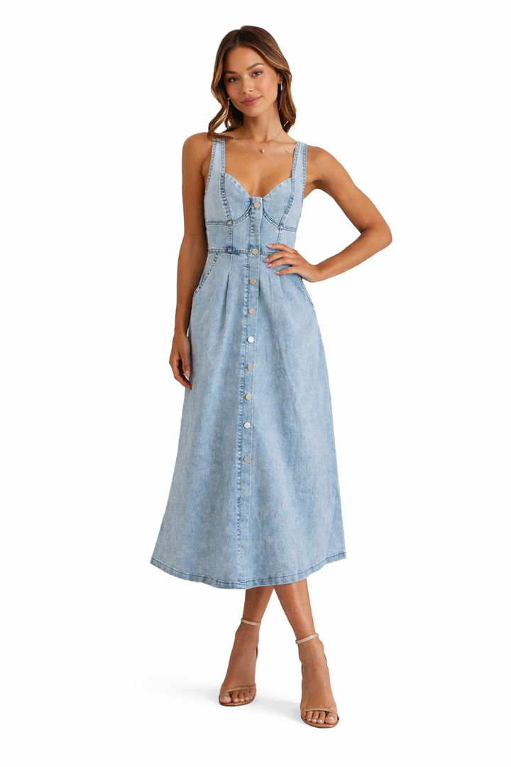 Button-front denim midi dress with fitted bodice – INDIGO