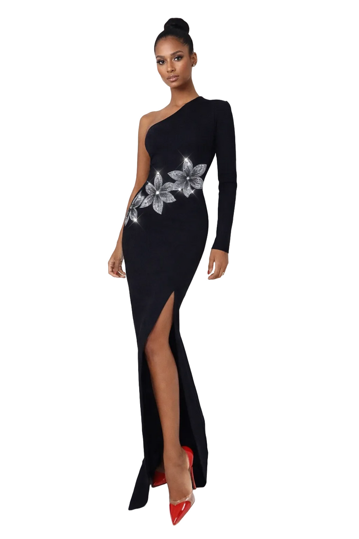 one-shoulder embellished maxi dress with floral crystal waist detail – LUMINA