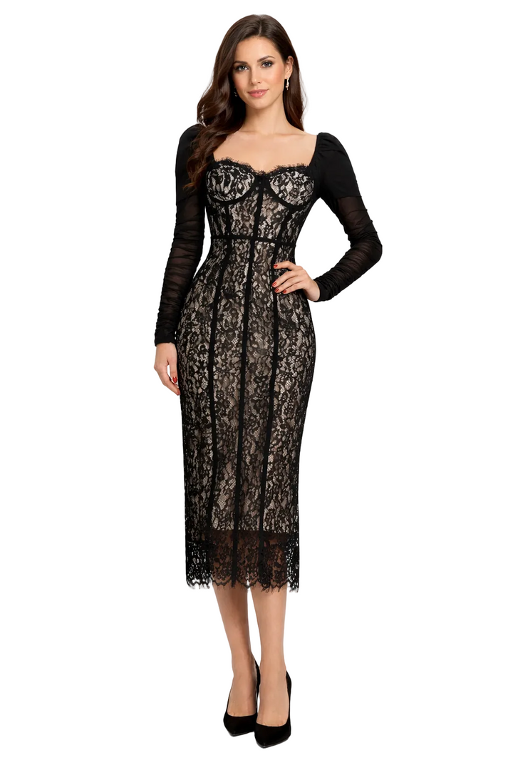long-sleeve lace corset midi dress with sheer detailing – VELVET