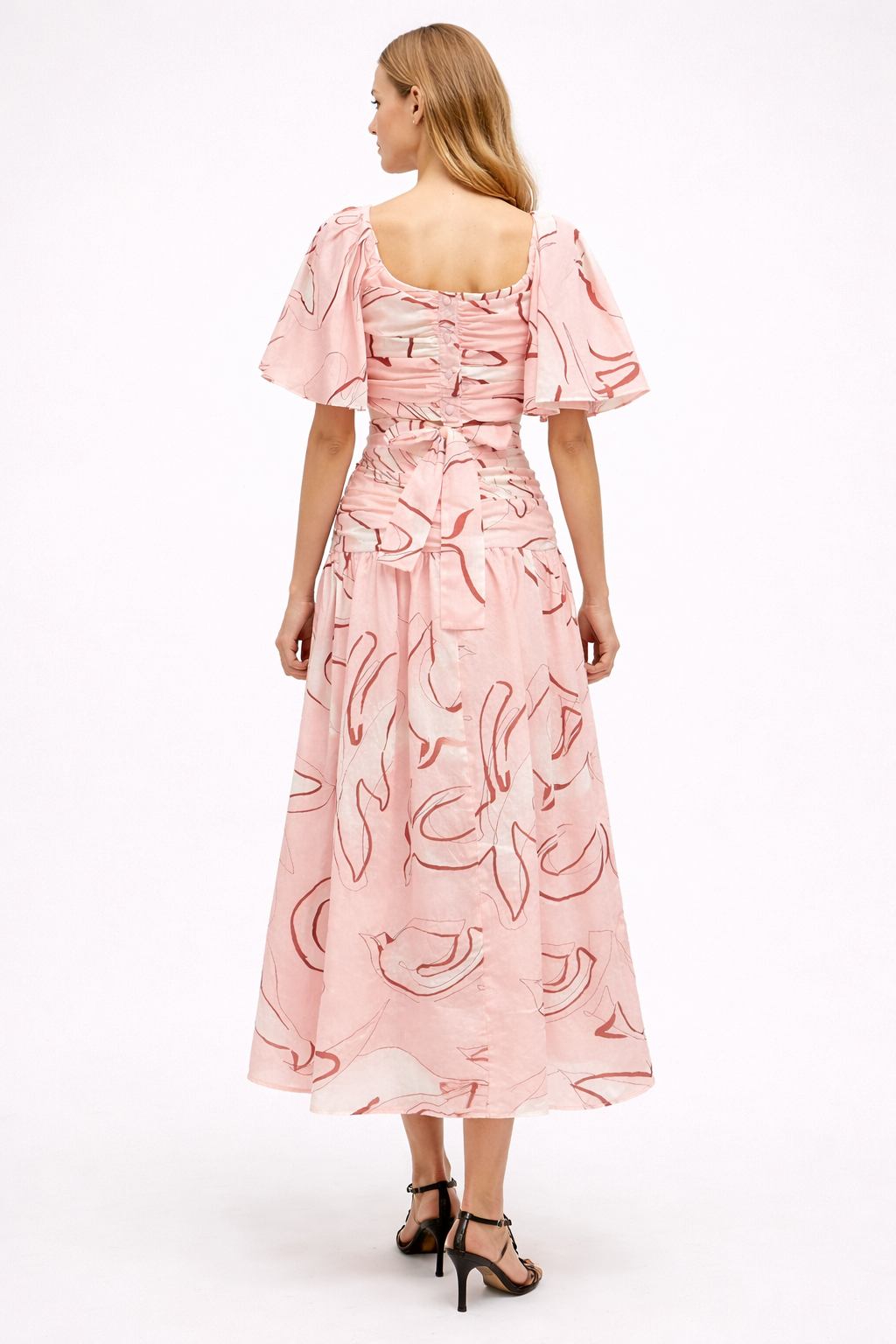 ruched printed midi dress with flutter sleeves – ABDALLUH