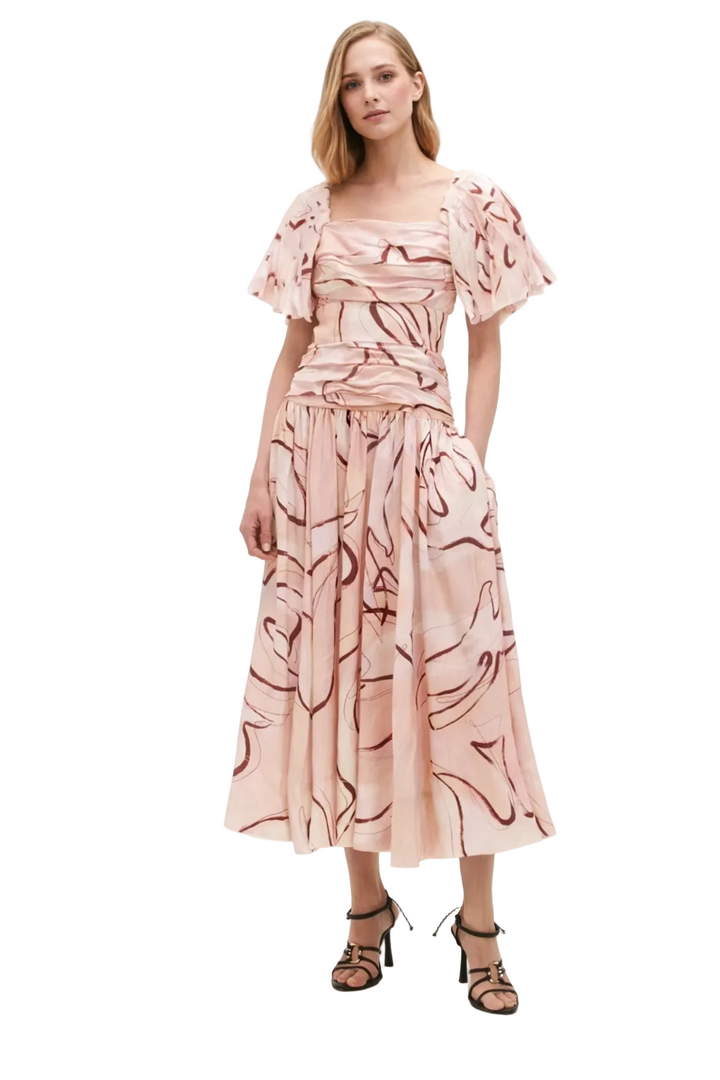 ruched printed midi dress with flutter sleeves – ABDALLUH