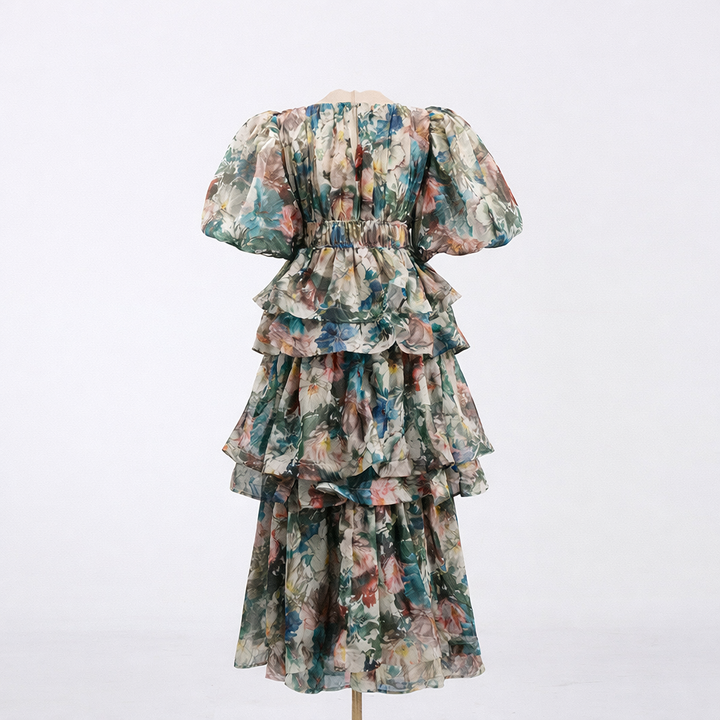ruffled tiered midi dress with puff sleeves – MOHAMED