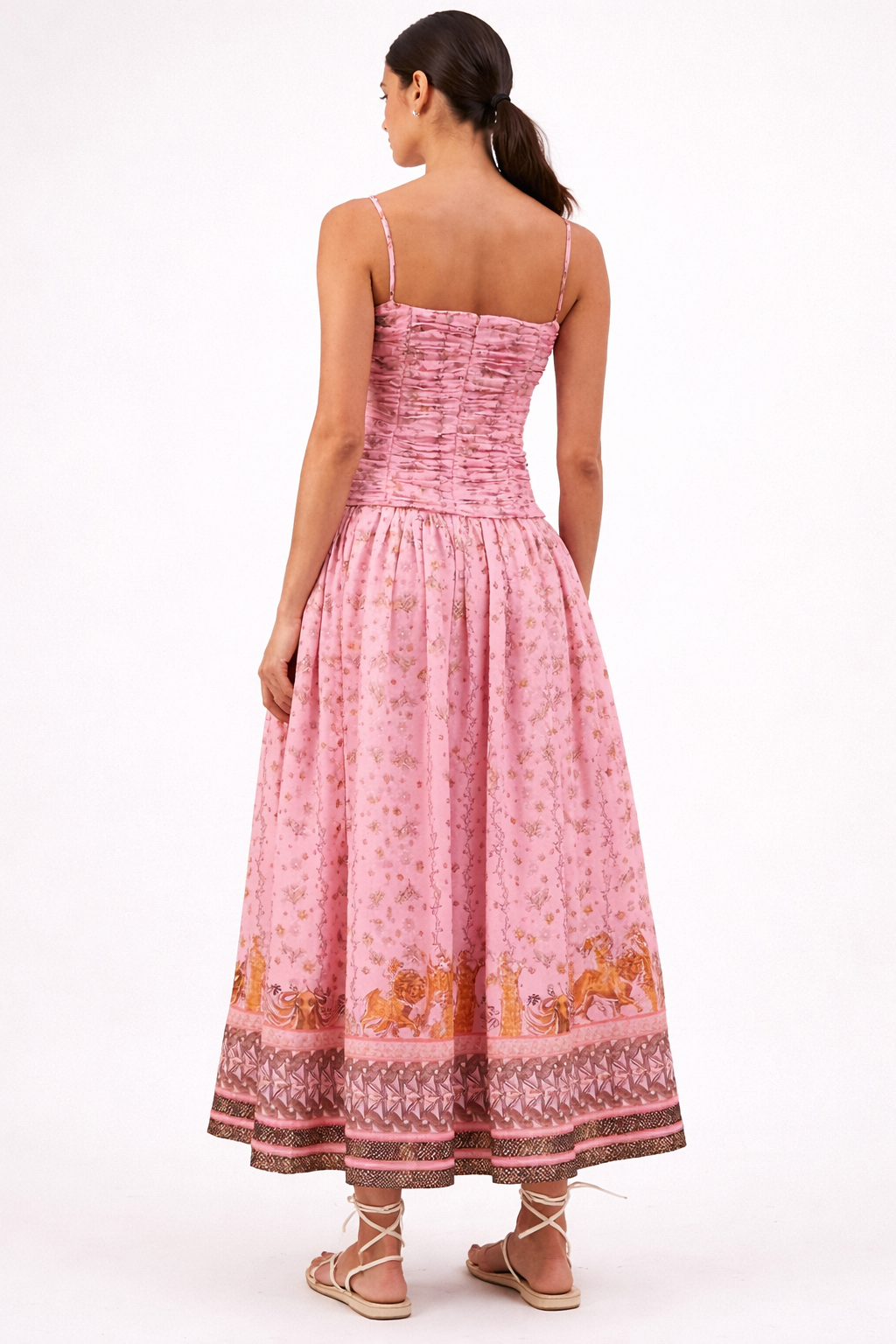 Ruched bodice maxi dress with floral border print – ROSÉ