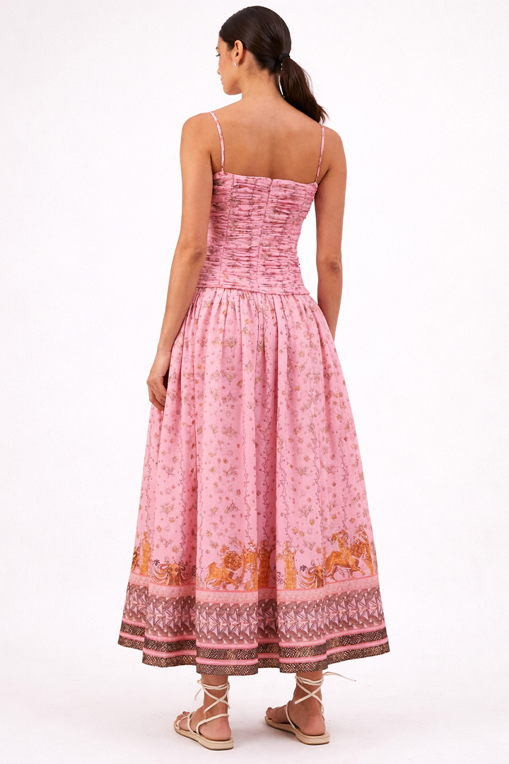 Ruched bodice maxi dress with floral border print – ROSÉ