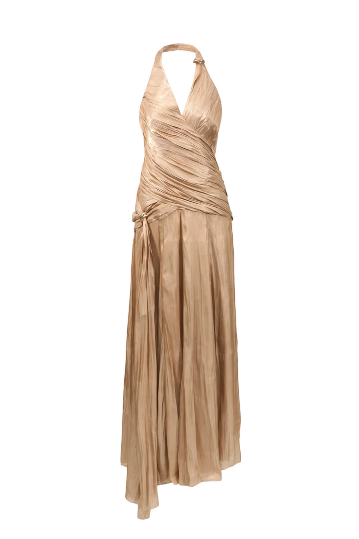 Halter neck draped satin maxi gown with pleated bodice – AURELIA