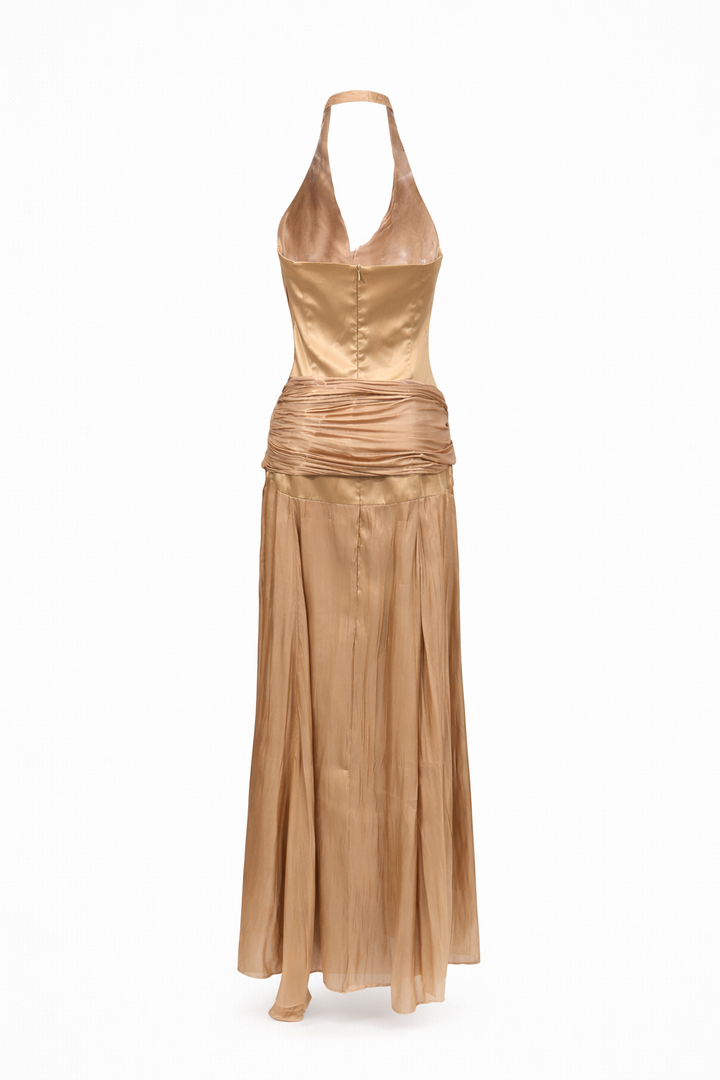 Halter neck draped satin maxi gown with pleated bodice – AURELIA