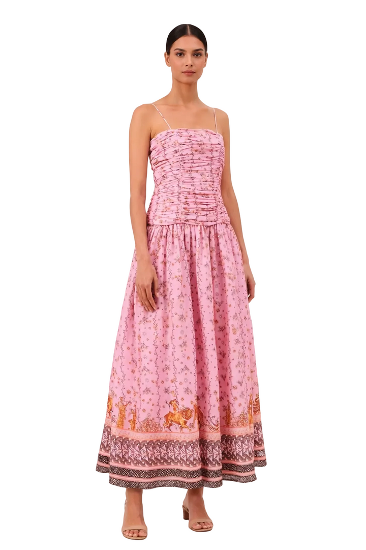 Ruched bodice maxi dress with floral border print – ROSÉ