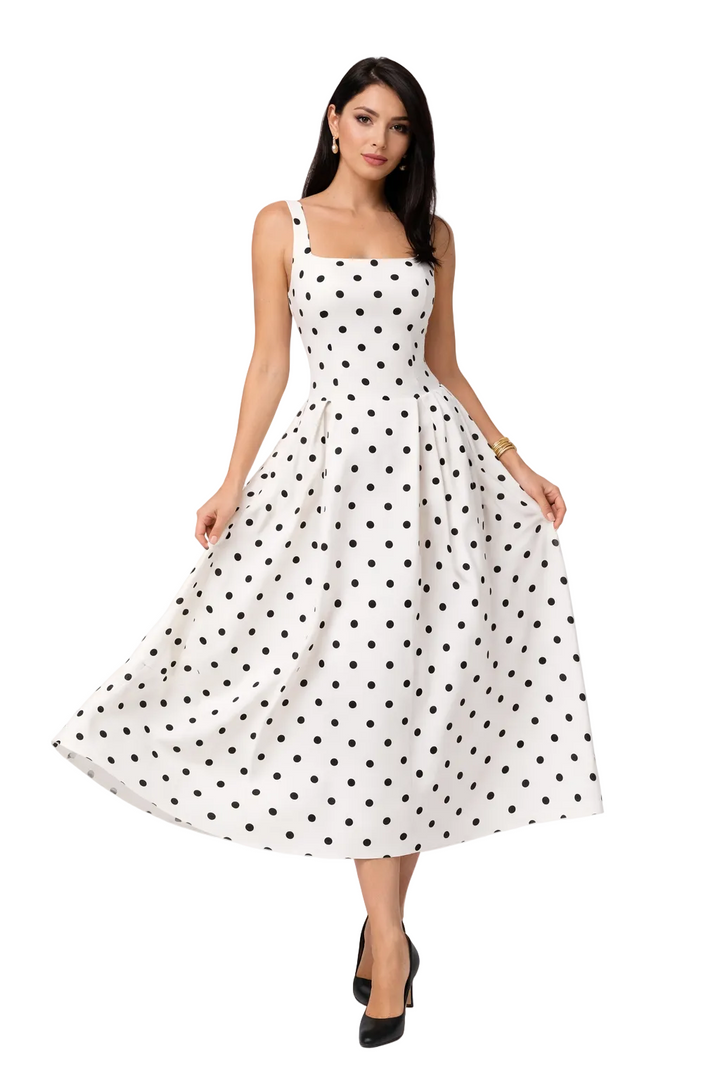 Sleeveless Polka Dot Midi Dress with Flared Skirt – ELLA