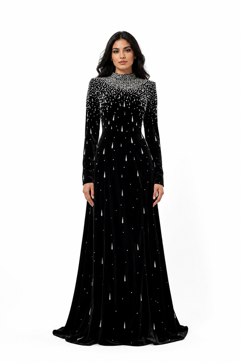 Long sleeve velvet gown with pearl cascade - Sinmu